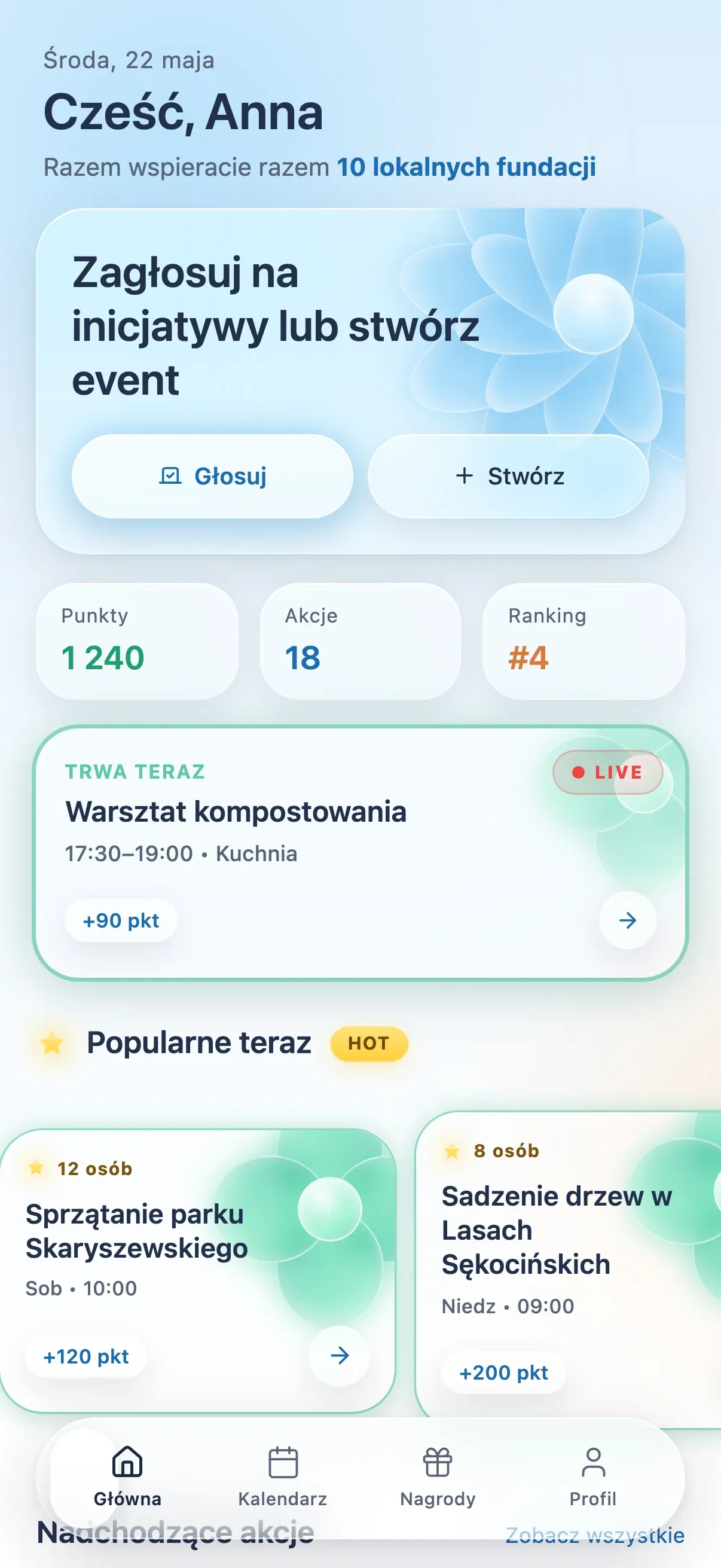 After: the redesigned home screen with large vote and create buttons and a live event card