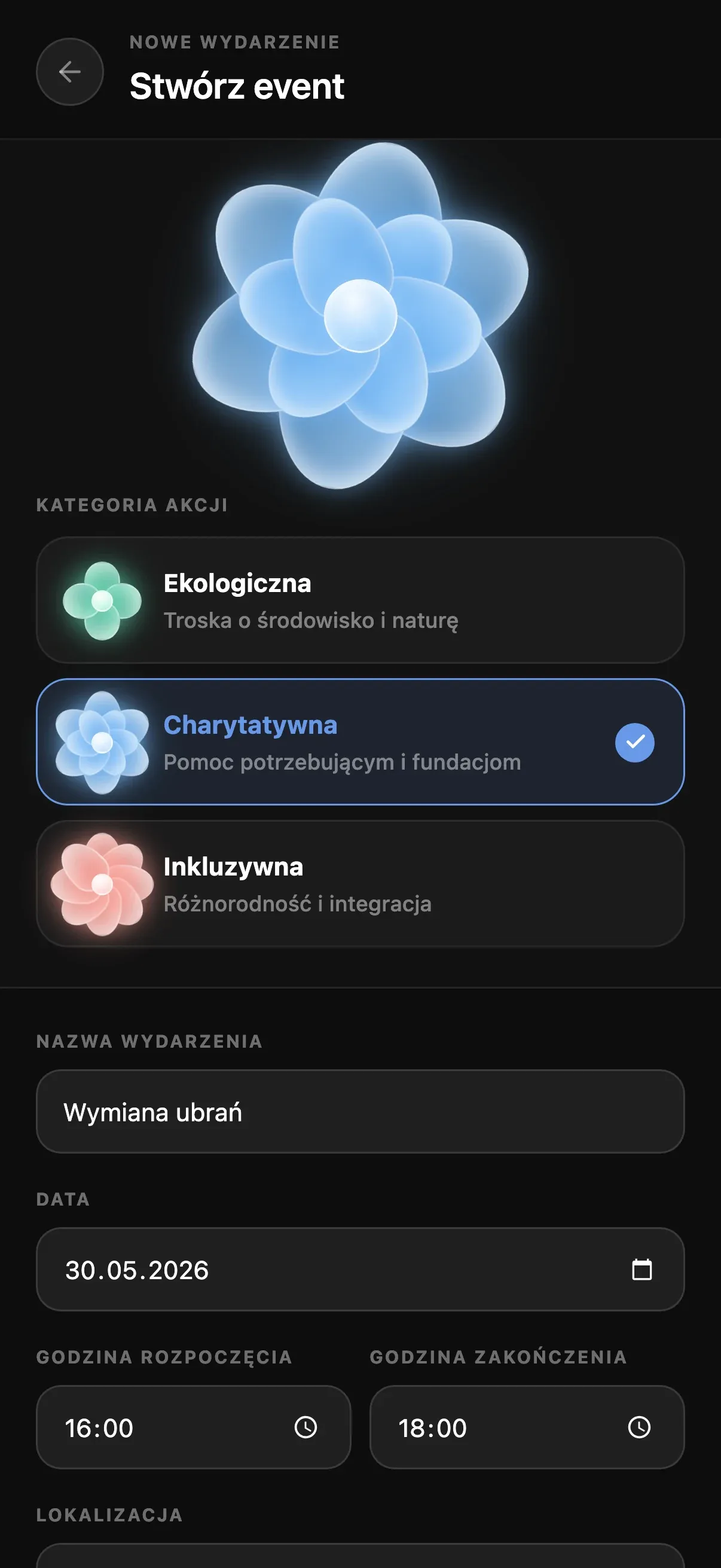After: the create-event screen, where the choice is one of three categories, each with its own flower and colour