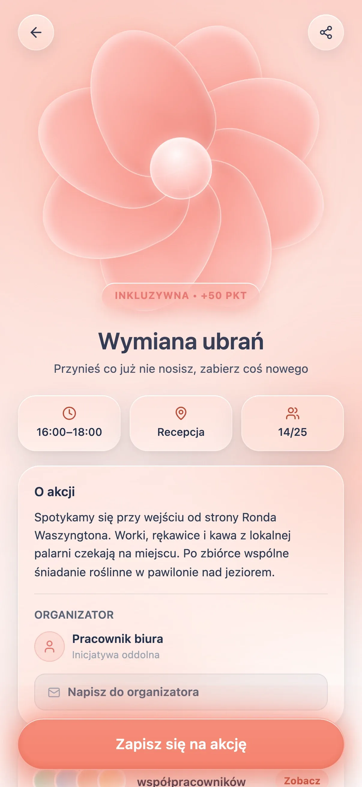 The detail page of a clothes-swap event: an inclusive-category flower, +50 points, time, place and 14 of 25 spots taken, a description, the organiser and a sign-up button