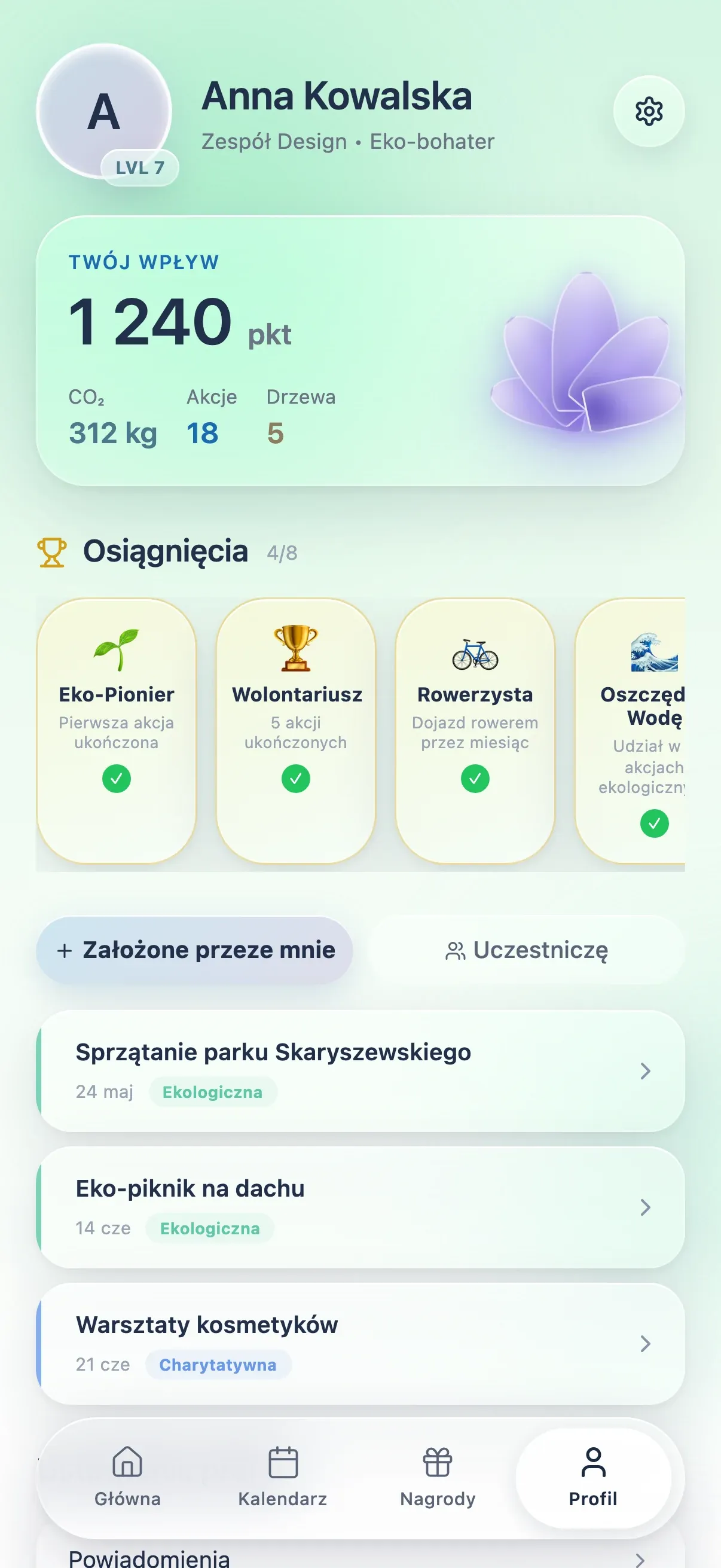 The profile tab: Anna's level, her total impact of 1,240 points, 312 kg of CO₂ and 5 trees, earned achievements, and the events she created or joined