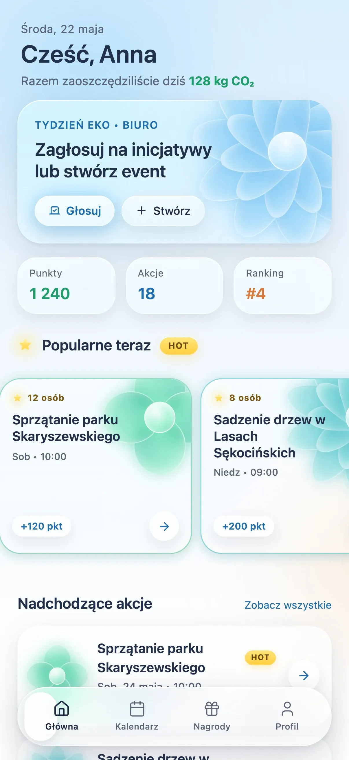 Before: the old home screen, where the vote and create buttons sit small inside an "eco week" banner