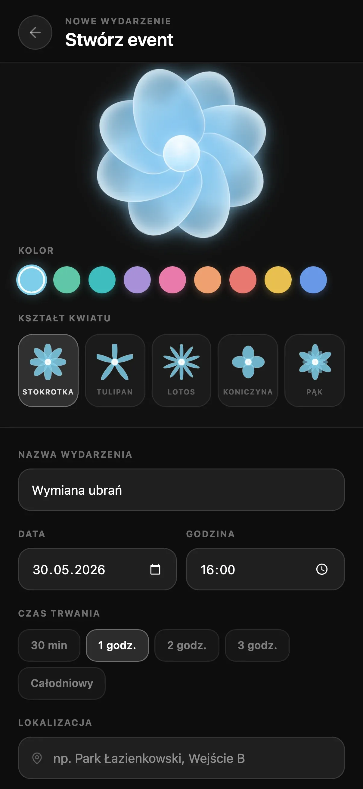 Before: the old create-event screen, where the organiser picks one of nine colours and five flower shapes, such as daisy, tulip or lotus, for the event's flower