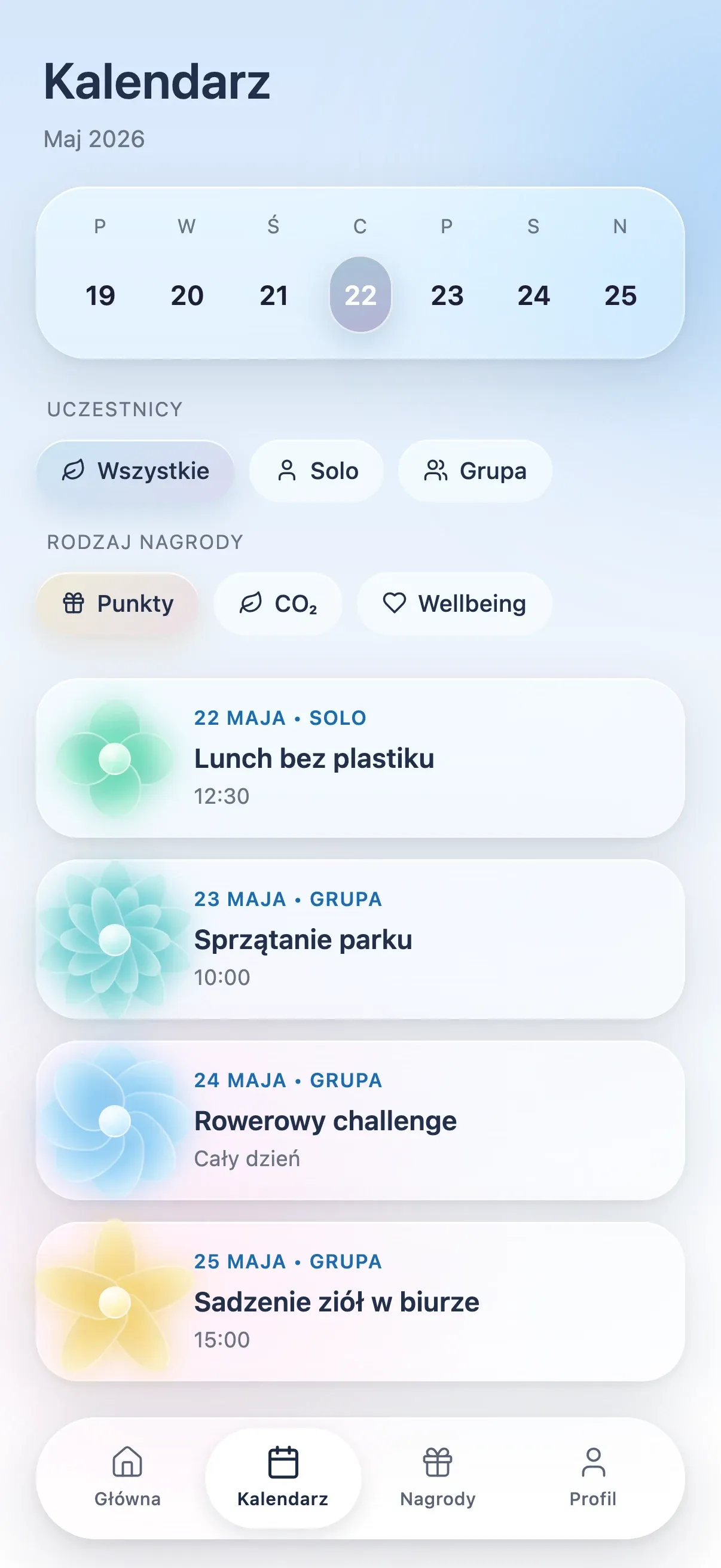 Before: the calendar as a single scrollable week, with filters for solo or group events and for points, CO₂ or wellbeing rewards