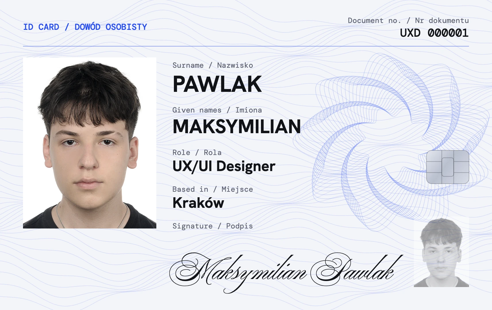 ID card of MAKSYMILIAN PAWLAK, UX/UI Designer, based in Kraków