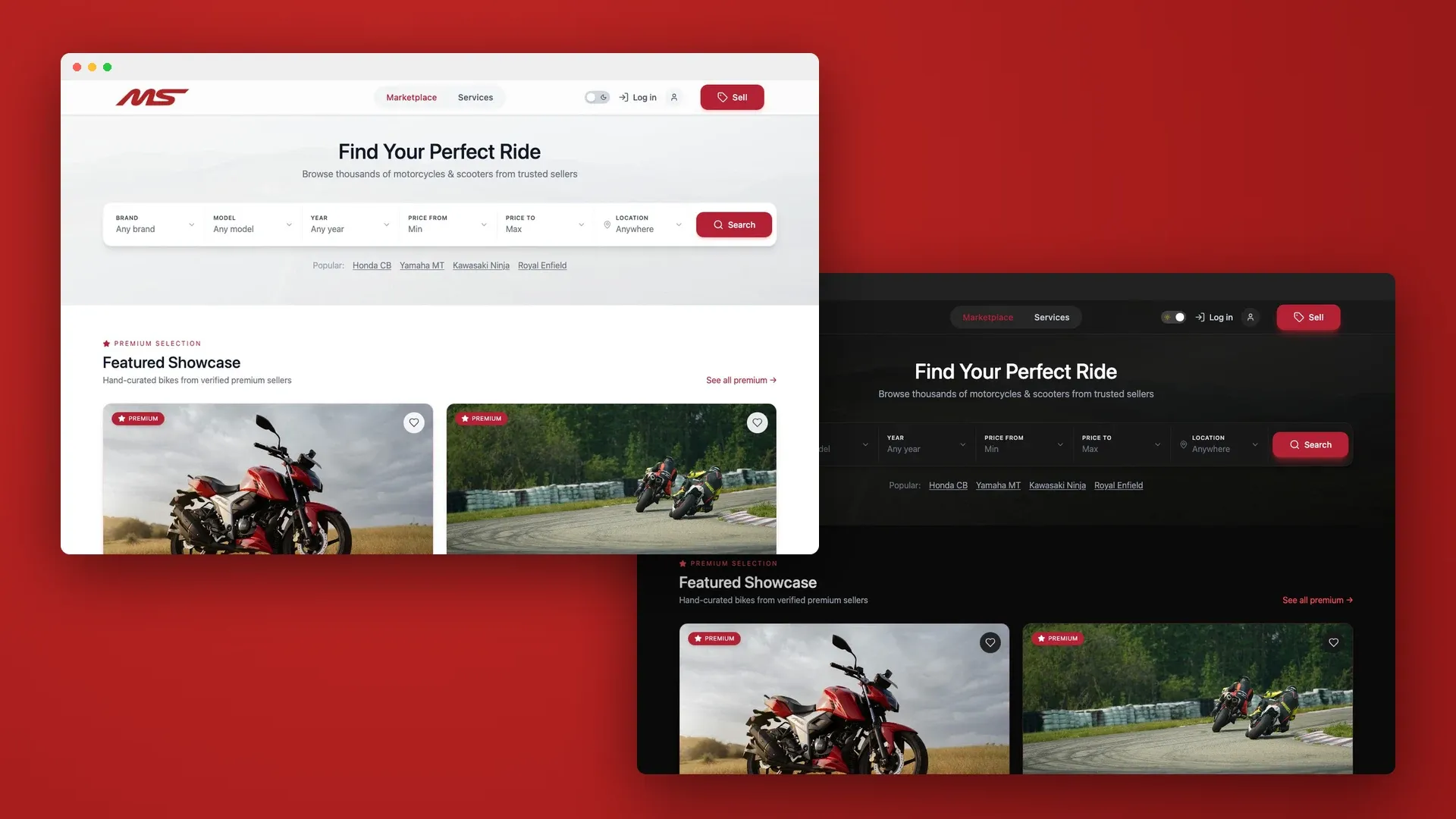 Two overlapping browser windows on a red background showing the Motsee marketplace homepage, one in the light theme and one in the dark theme, under the heading Find Your Perfect Ride