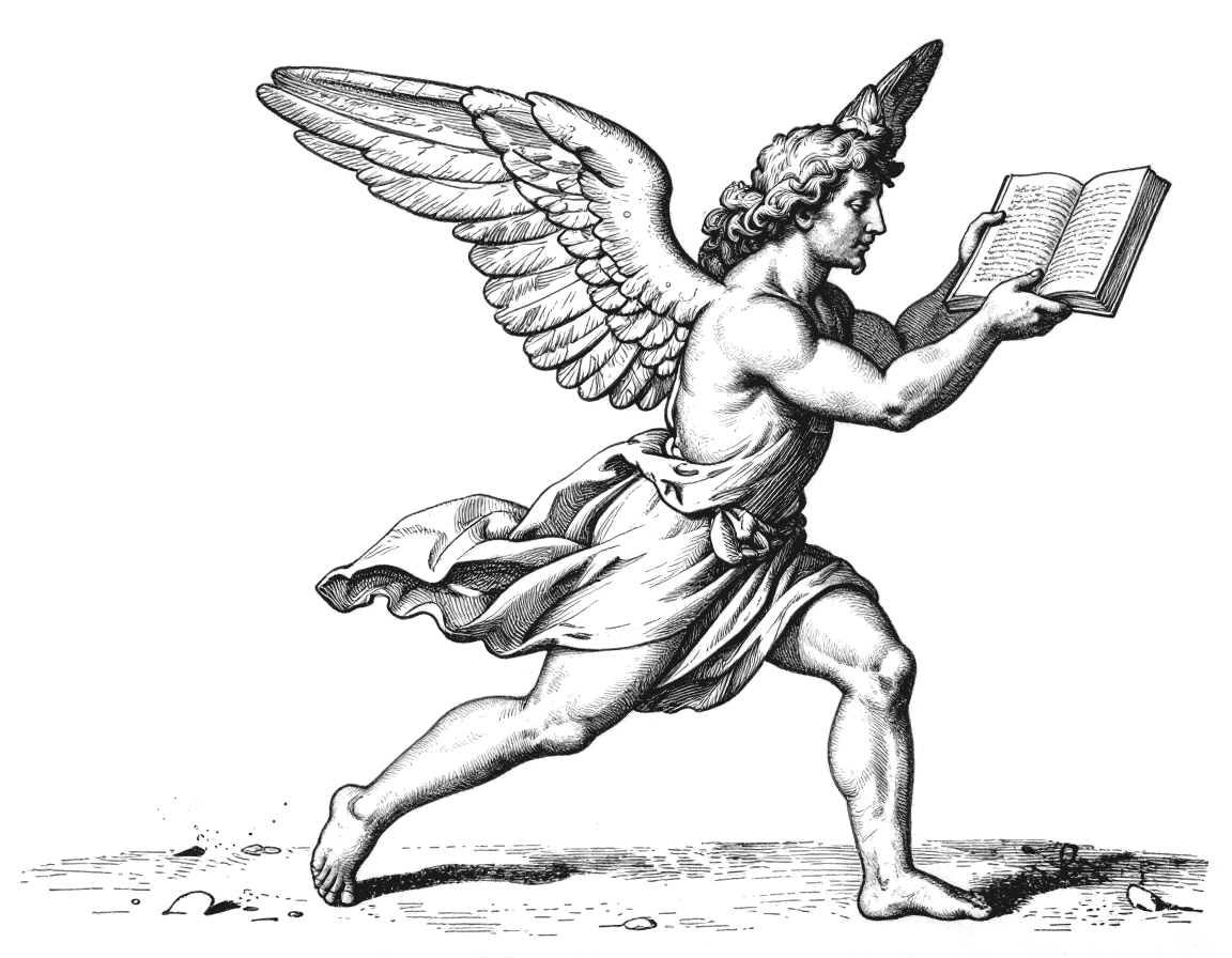 Engraving of a winged genius flinging a book away
