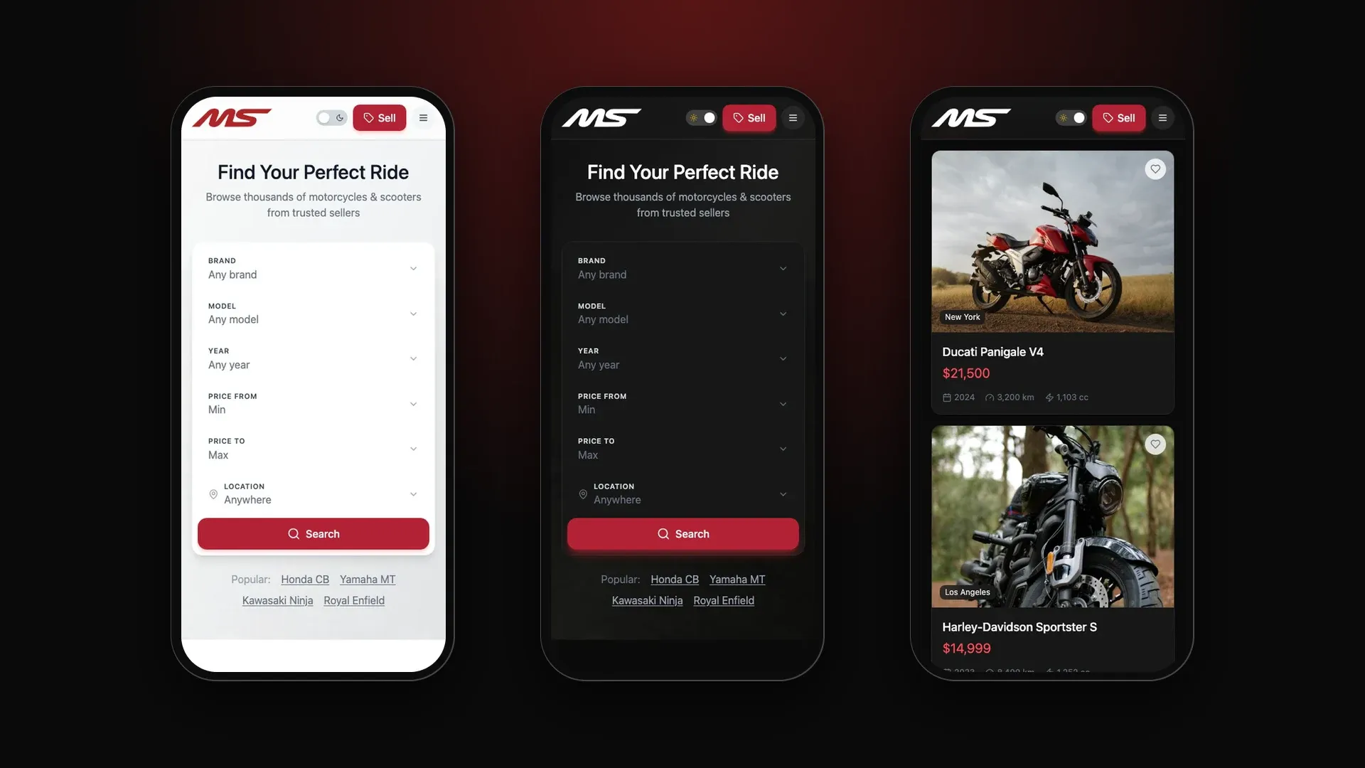 Three phones showing the Motsee marketplace: the search form in the light theme, the same form in the dark theme, and a list of motorcycles for sale in the dark theme