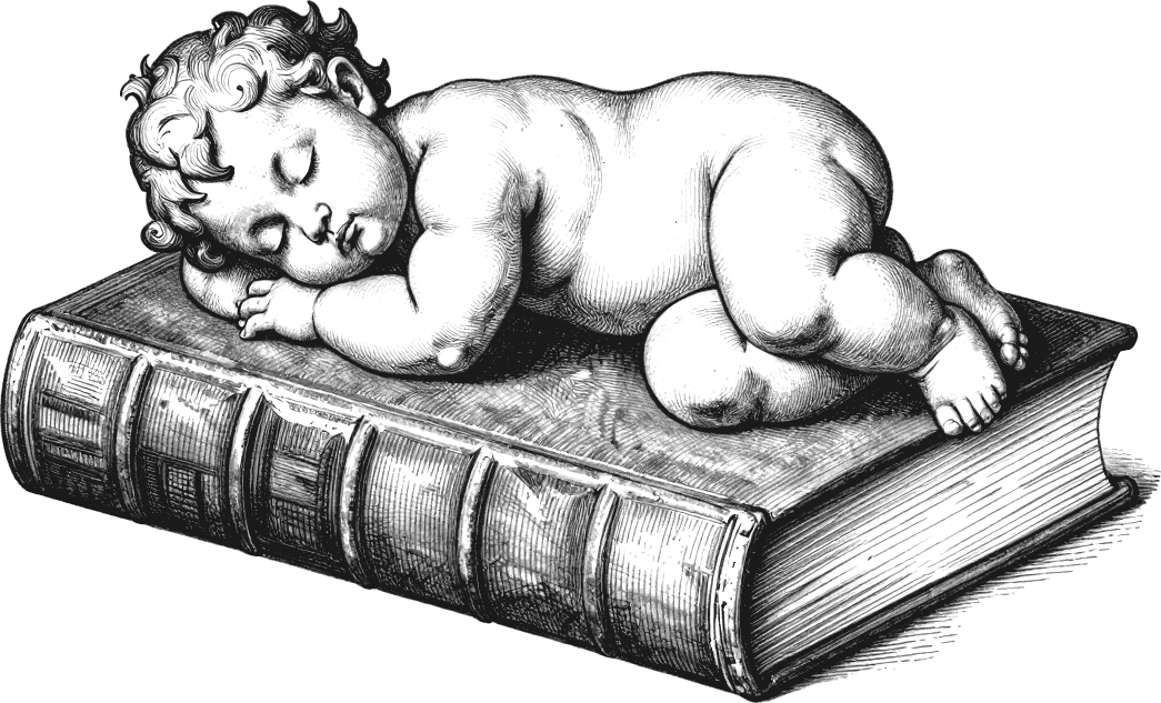 Engraving of a putto asleep on a closed book