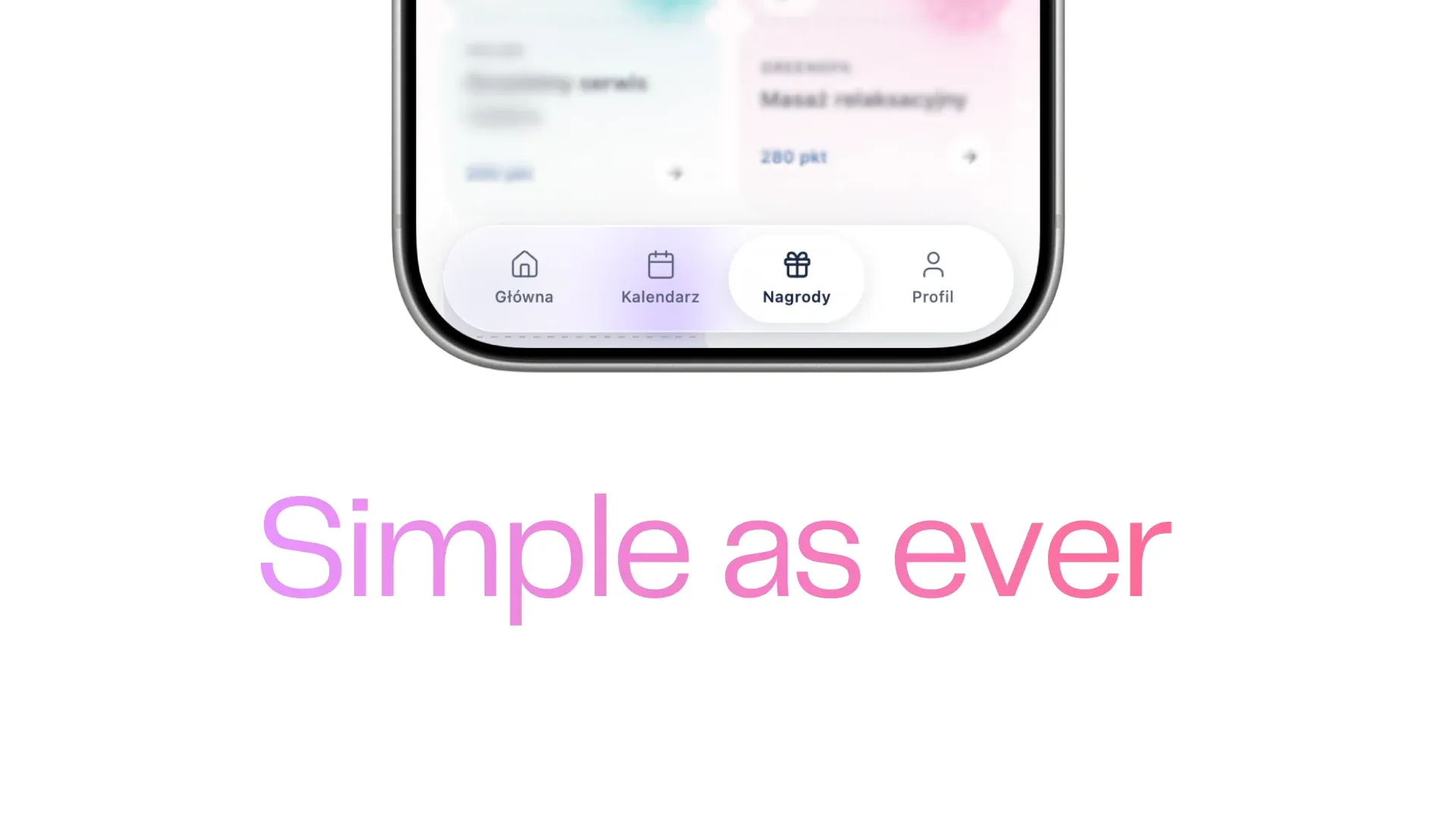 A close-up of the app's floating tab bar with Home, Calendar, Rewards and Profile, above the words Simple as ever